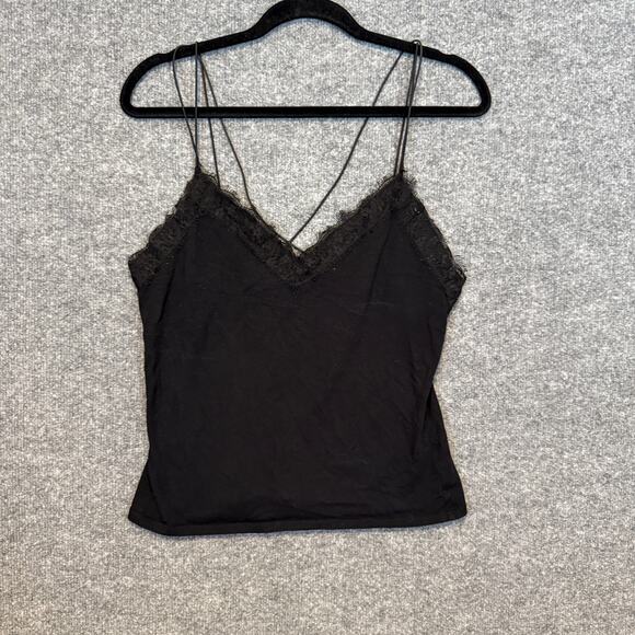Minimalist Camisole Top Women Small Black Lace Trim Spaghetti Strappy Grunge Y2K - Picture 1 of 6